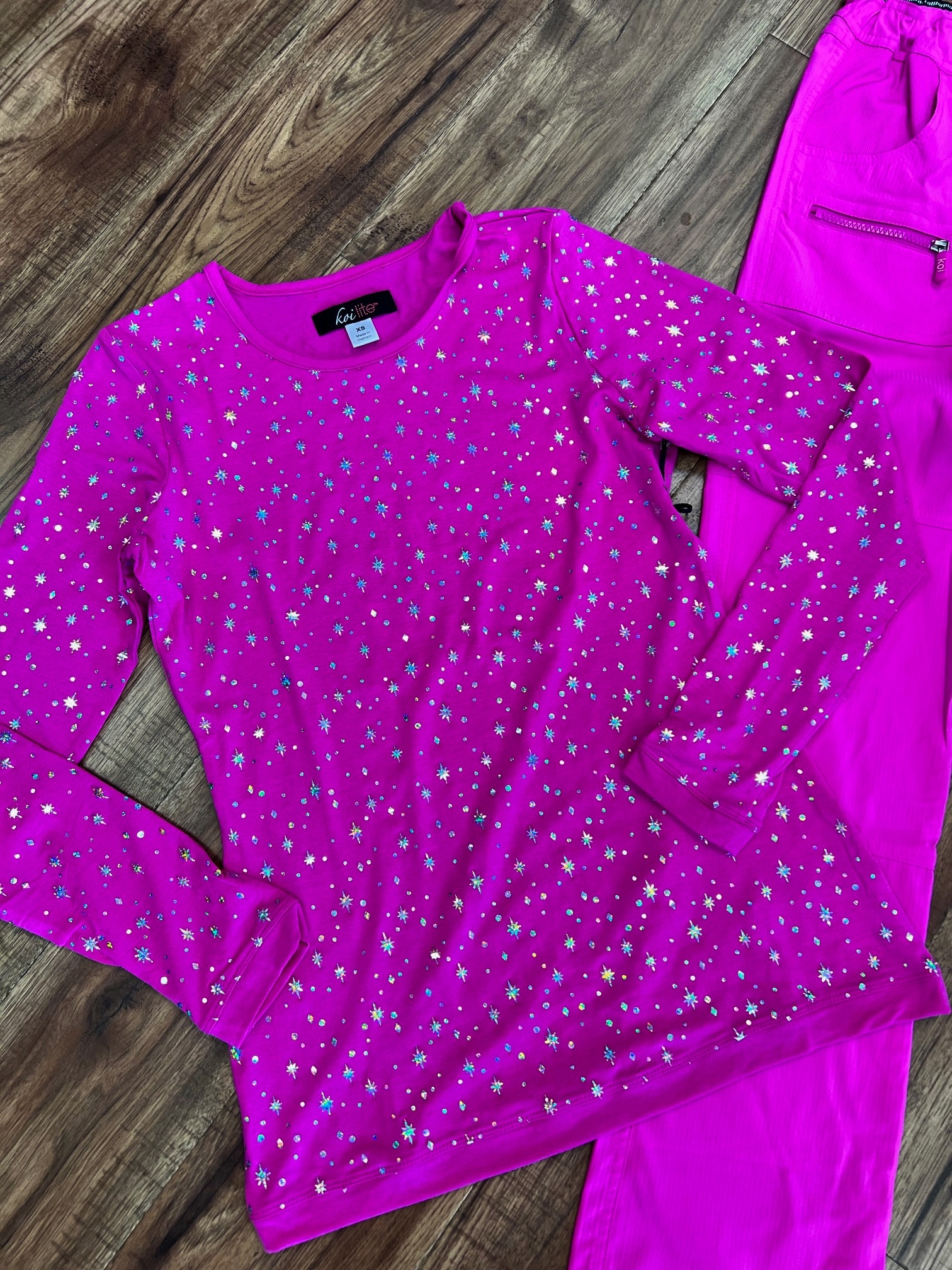 Koi Iridescent Twinkle Long Sleeve in Hibiscus Pink